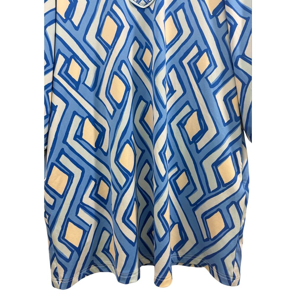J McLaughlin Emer Dress M Blue Geo Print V-Neck 3/4 Sleeve Midi Casual Resort - Picture 7 of 9